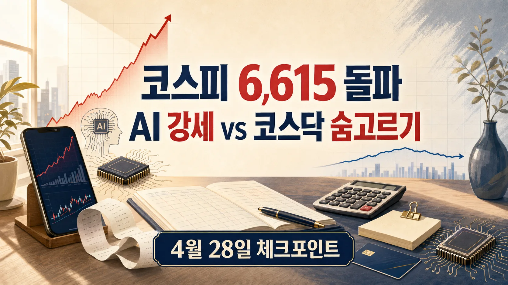 코스피 6615 돌파 — AI 강세 vs 코스닥 숨고르기, 내일 전략은?