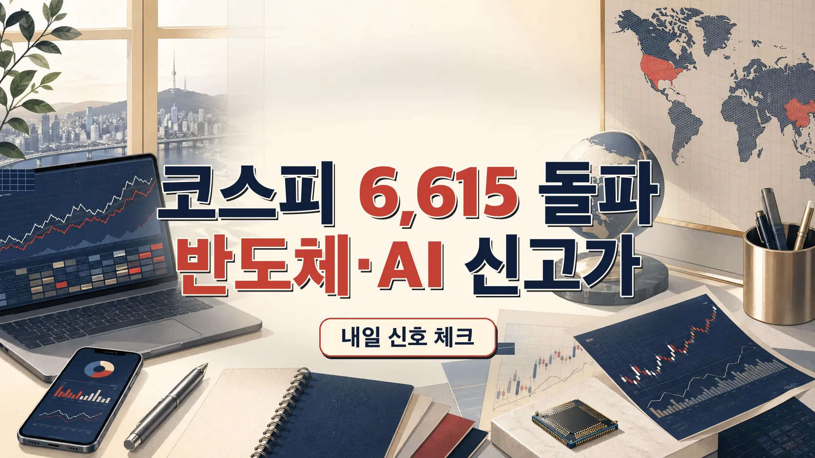 코스피 6,615 돌파 — 반도체·AI 신고가, 내일 신호 체크
