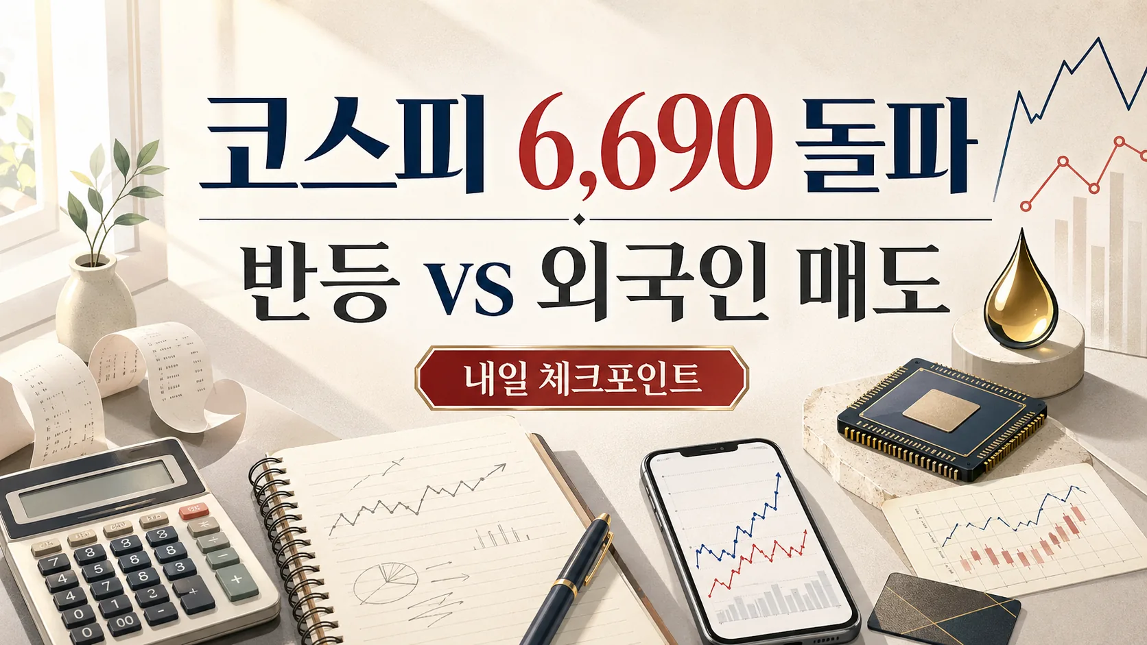 코스피 6,690 돌파 — 에너지·반도체 반등 vs 외국인 매도, 내일 체크포인트